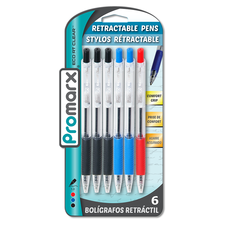 Semi Retractable BP Pens with Clear Body 6 ct Promarx