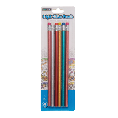 Bright Glitter Wood Pencils with Eraser 6 ct