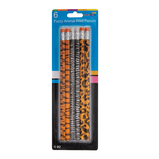 Fuzzy Animal Print Pencils with Eraser 6 ct